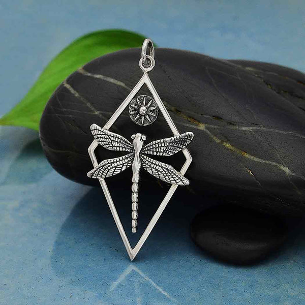 Sterling Silver Dragonfly Pendant in Diamond Frame - Poppies Beads n' More