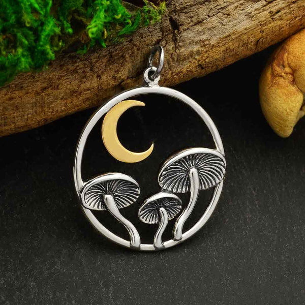 Sterling Silver Mushroom Pendant with Bronze Moon - Poppies Beads N More