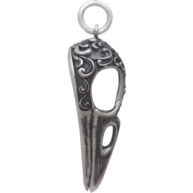 Silver Raven Skull Charm with Scroll Carving - Poppies Beads n' More