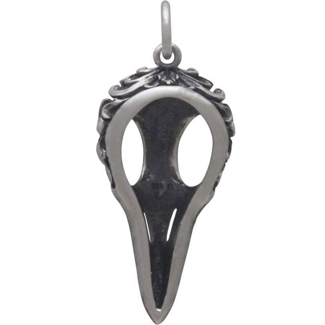 Silver Raven Skull Charm with Scroll Carving - Poppies Beads n' More