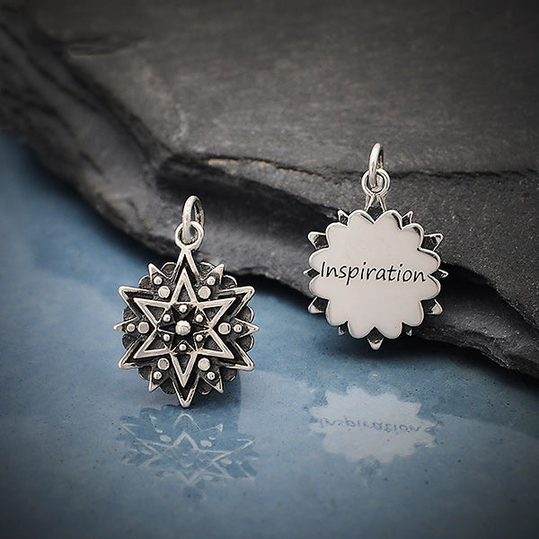 Silver Affirmation Mandala Charm - INSPIRATION - Poppies Beads n' More