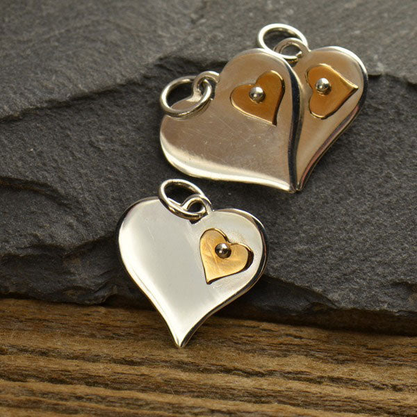 Silver Heart Pendant with Riveted Bronze Heart , - Poppies Beads n' More