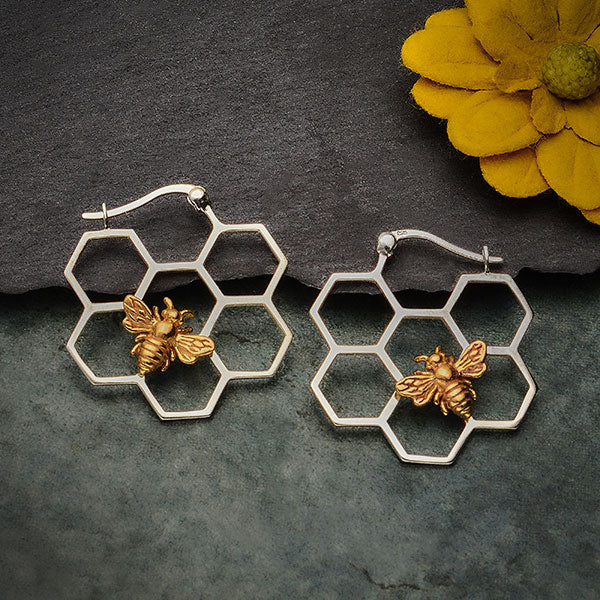 Silver Honeycomb Hoop Earrings with Bronze Bee - Poppies Beads n' More