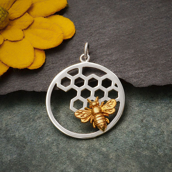 Silver Honeycomb and Bee Charm in Circle Frame - Poppies Beads n' More