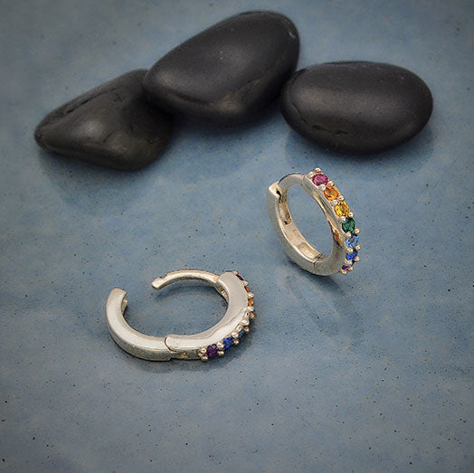 Silver Rainbow Huggie Hoop Earrings with Nano Gems - Poppies Beads n' More