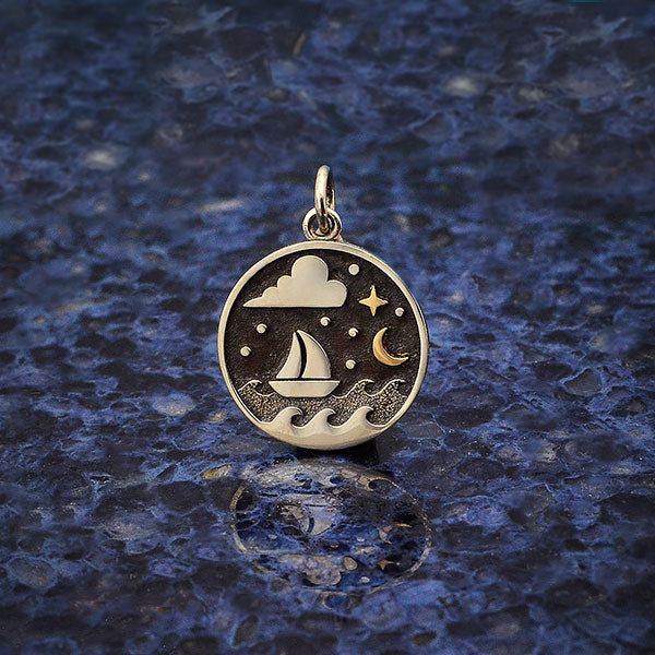 Silver Sailboat Charm with Bronze Star and Moon - Poppies Beads n' More
