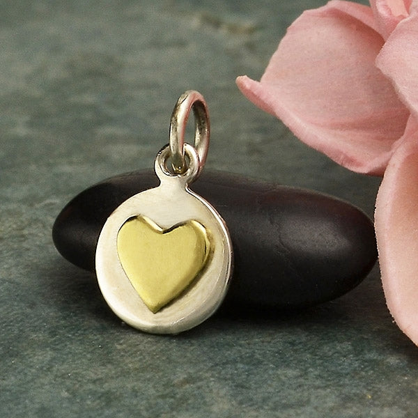 Sterling Silver Small Disk Charm with Bronze Heart - Poppies Beads n' More