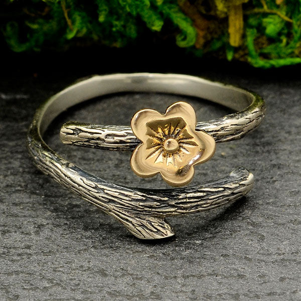 Sterling Silver Branch Ring with Bronze Cherry Blossom - Poppies Beads n' More