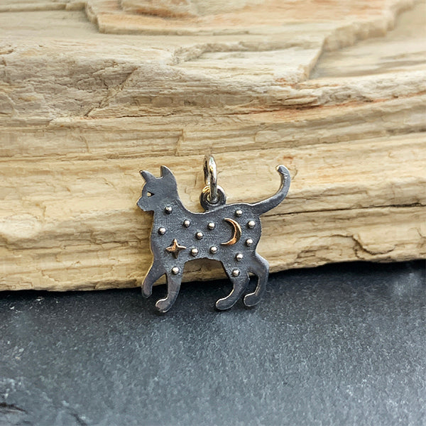 Sterling Silver Cat Charm with Bronze Star and Moon - Poppies Beads n' More
