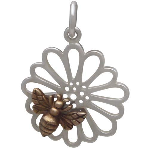 Sterling Silver Daisy Charm with Bronze Bee - Poppies Beads n' More