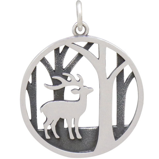 Sterling Silver Deer Charm with Trees - Poppies Beads n' More
