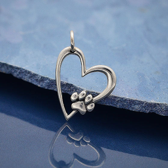 Sterling Silver Heart Charm with Pawprint - Poppies Beads n' More