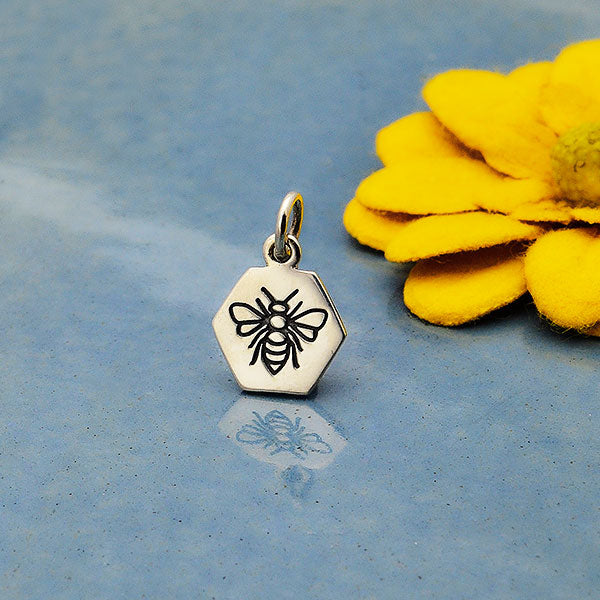 Sterling Silver Hexagon Charm with Etched Bee - Poppies Beads n' More
