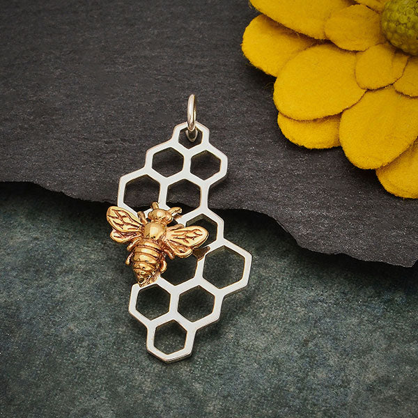 Sterling Silver Honeycomb Pendant with Bronze Bee, Nina Designs - Poppies Beads n' More