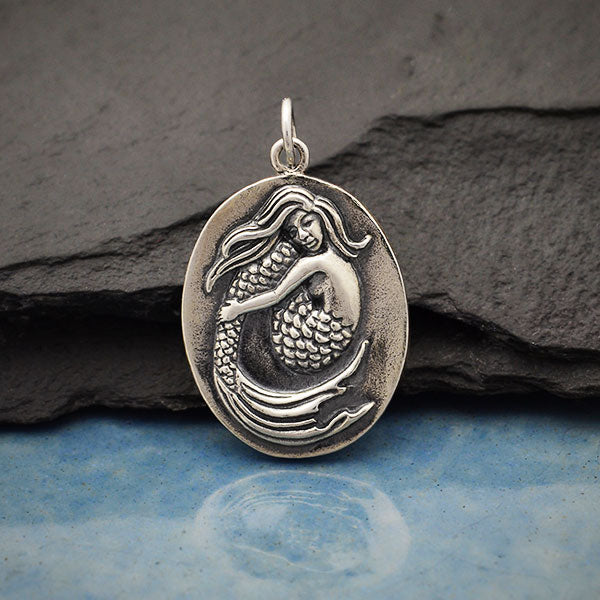 Sterling Silver Mermaid Pendant on Oval Medallion - Poppies Beads n' More