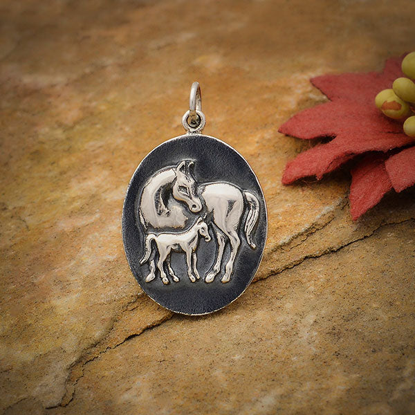 Sterling Silver Mom and Baby Horse Pendant - Poppies Beads n' More