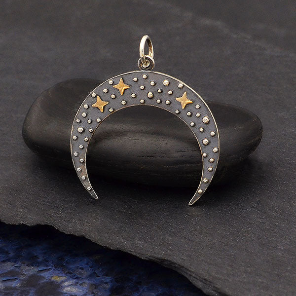 Sterling Silver Moon Pendant with Bronze Stars - Poppies Beads n' More