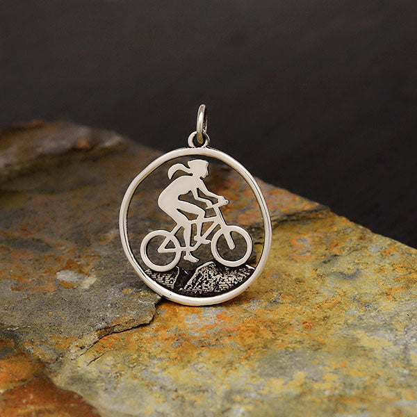 Sterling Silver Mountain Biker Girl Charm - Poppies Beads n' More