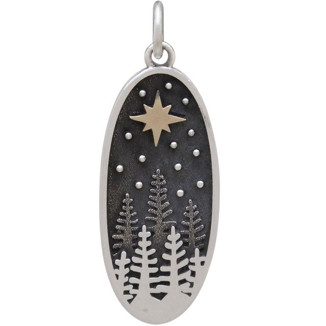 Sterling Silver Pine Tree Charm with Bronze Star - Poppies Beads n' More