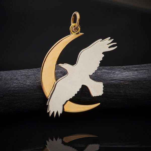 Sterling Silver Raven Charm with Bronze Moon - Poppies Beads n' More