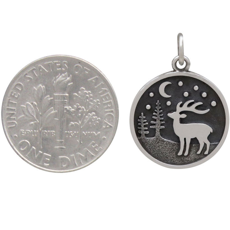 Sterling Silver Reindeer Charm with Moon and Trees - Poppies Beads n' More