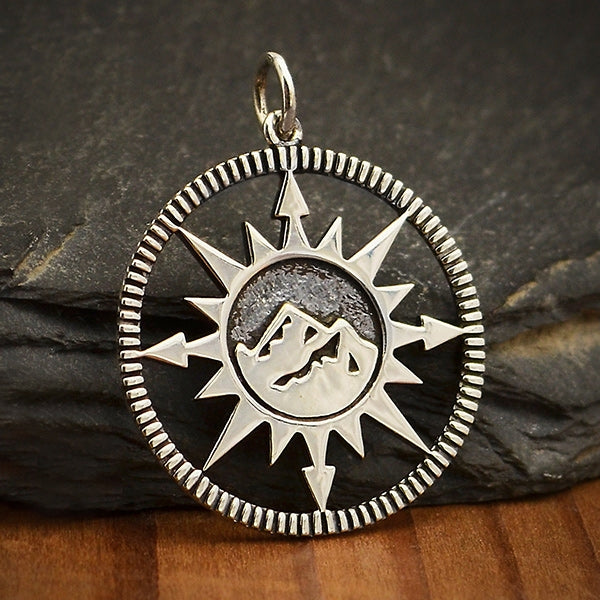 Sterling Silver Compass Pendant with Mountain Center - Poppies Beads n' More
