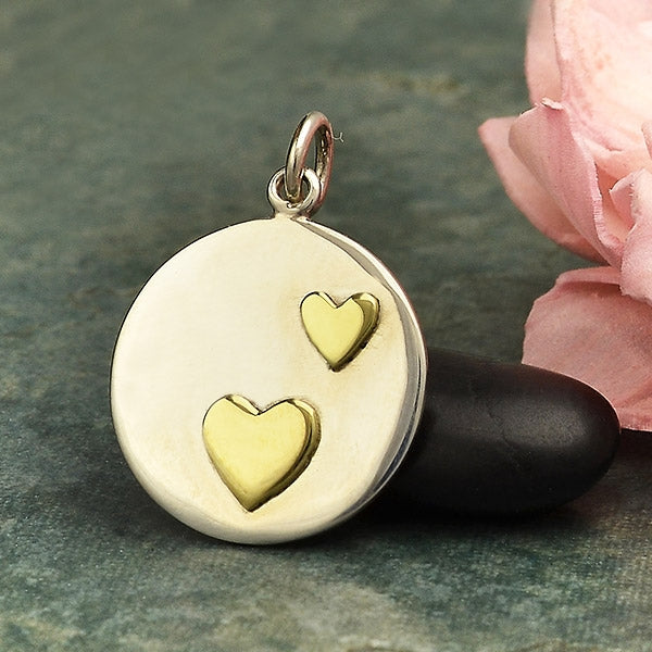 Sterling Silver Disk Charm with Two Bronze Hearts - Poppies Beads n' More