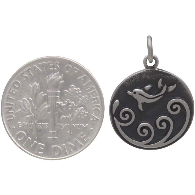 Sterling Silver Dolphin Charm with Waves - Poppies Beads n' More