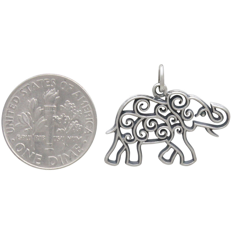 Sterling Silver Elephant Charm with Scrollwork - Poppies Beads n' More