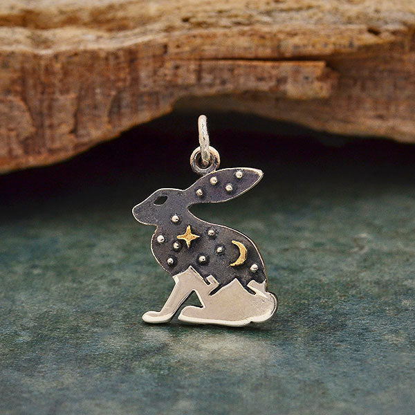 Sterling Silver Hare Charm with Bronze Star and Moon - Poppies Beads n' More