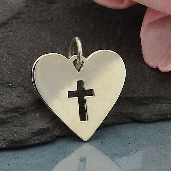 Sterling Silver Heart Charm with Cross Cutout - Poppies Beads n' More