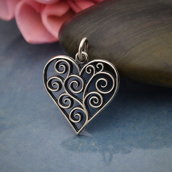 Sterling Silver Heart Charm with Scrollwork - Poppies Beads n' More