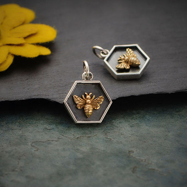 Hexagon Charm with Bronze Bee (3 Finishes) - Poppies Beads n' More