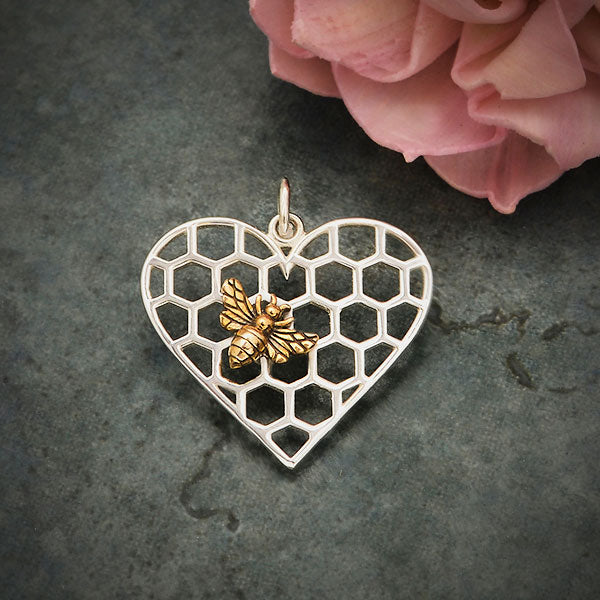 Sterling Silver Honeycomb Heart Pendant with Bronze Bee - Poppies Beads n' More