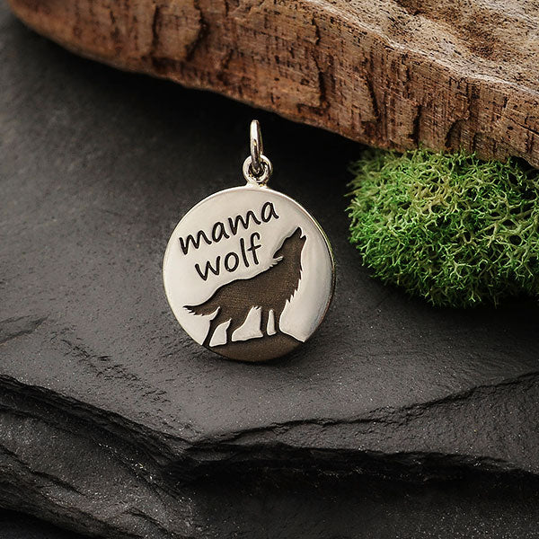 Sterling Silver Mama Wolf Charm Etched on Disk - Poppies Beads n' More