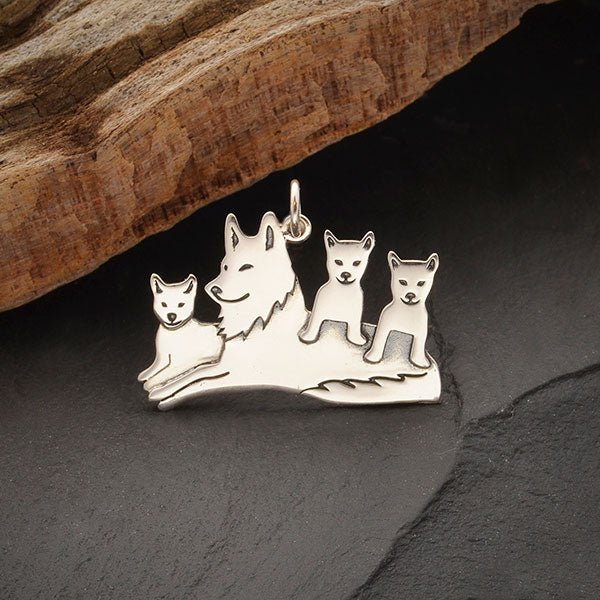 Sterling Silver Mama Wolf Pendant with Three Pups - Poppies Beads n' More