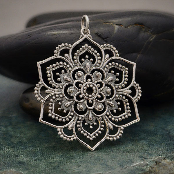 Sterling Silver Openwork Lotus Mandala Pendant - Poppies Beads n' More