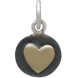 Sterling Silver Oxidized Disk Charm with Bronze Heart - Poppies Beads n' More
