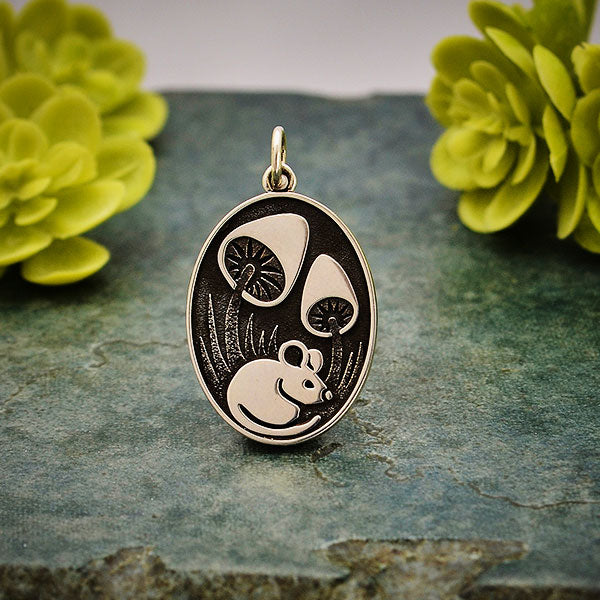 Sterling Silver Silver Mouse Pendant with Mushrooms - Poppies Beads n' More