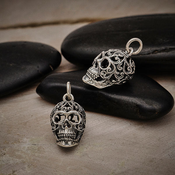 Sterling Silver Sugar Skull Charm with Filigree Scroll Work - Poppies Beads n' More