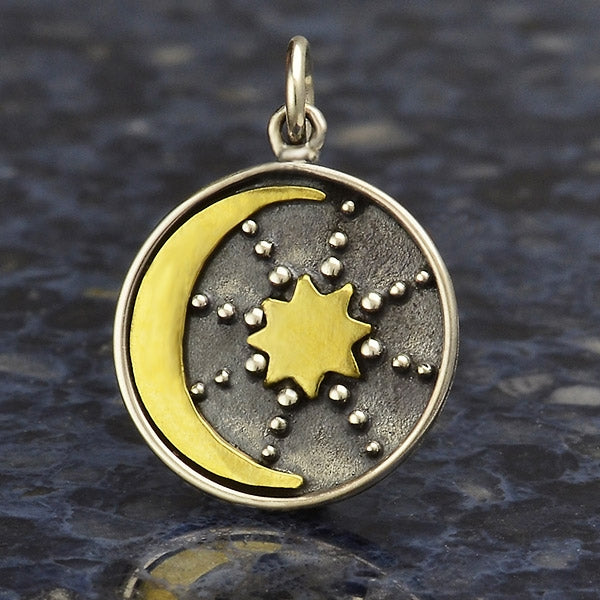 Sterling Silver Talisman Charm with Bronze Sun & Moon - Poppies Beads n' More