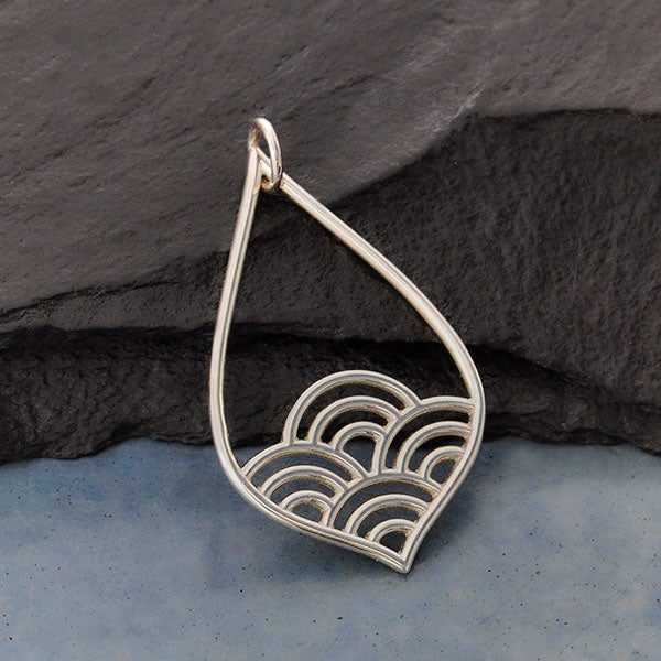 Sterling Silver Teardrop Charm with Wave Pattern - Poppies Beads n' More