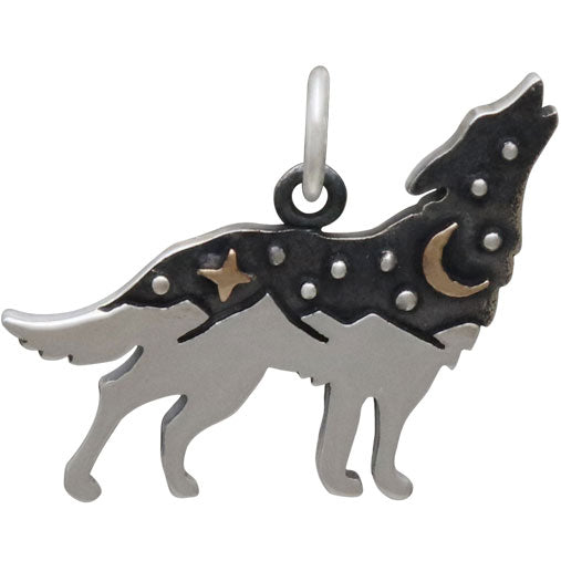 Sterling Silver Wolf Charm with Bronze Star and Moon - Poppies Beads n' More