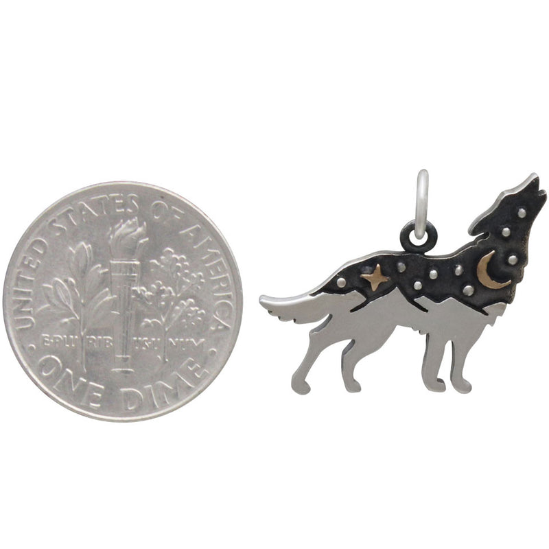 Sterling Silver Wolf Charm with Bronze Star and Moon - Poppies Beads n' More