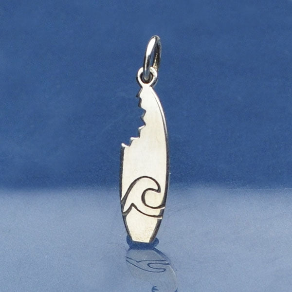 Sterling Silver Surfboard Charm with Shark Bite, - Poppies Beads n' More