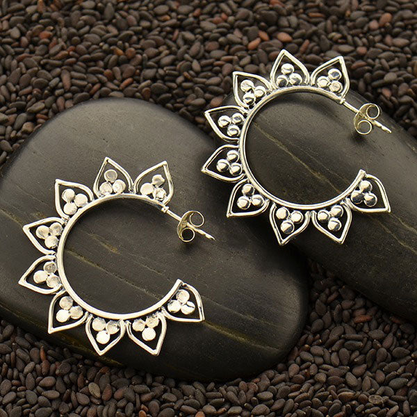 Sterling Silver Hoop Earrings with Lotus Petal and Flat Granulation - Poppies Beads n' More