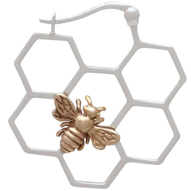 Silver Honeycomb Hoop Earrings with Bronze Bee - Poppies Beads n' More
