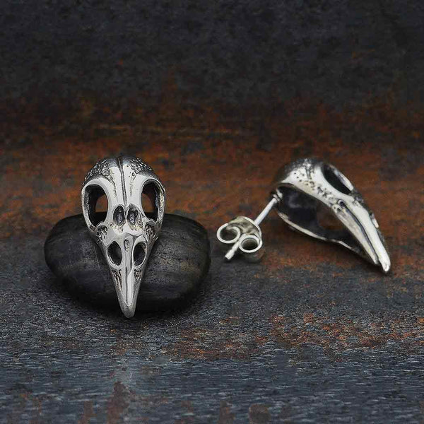 Sterling Silver Raven Skull Post Earrings - Poppies Beads n' More