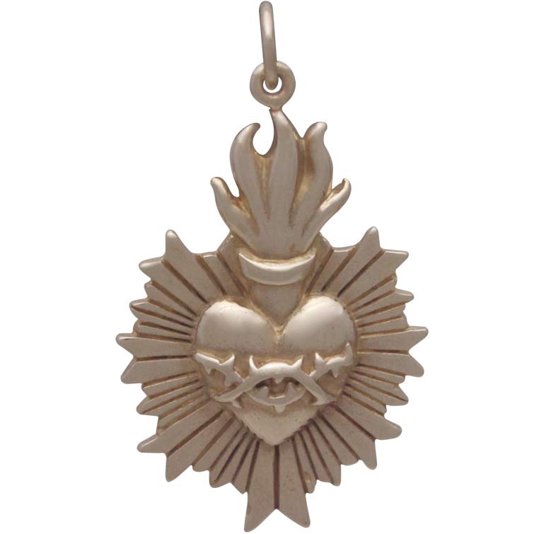 Bronze Flaming Sacred Heart Pendant with Thorns - Poppies Beads n' More