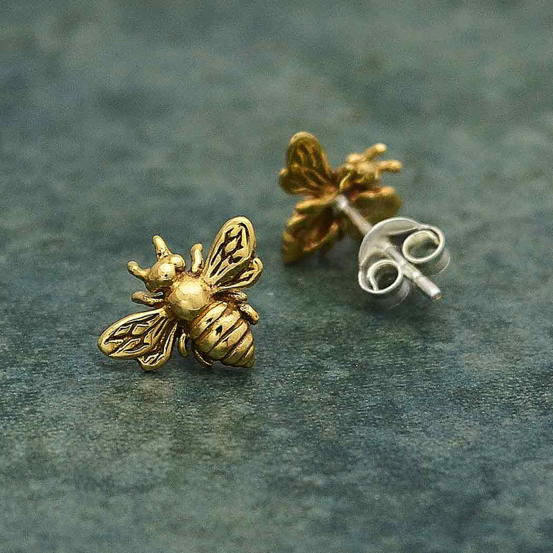 Bronze Bee Stud Earrings with Silver Post - Poppies Beads n' More